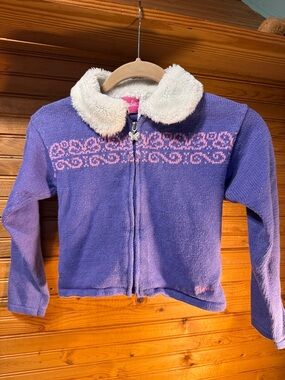 Vintage Barbie Purple Zip-Up sweater with White Faux Fur Collar and Pink Pattern